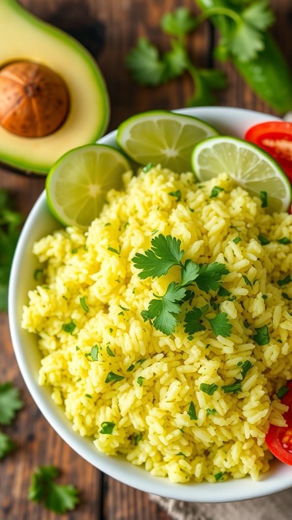 Fluffy cilantro lime rice in a bowl, garnished with cilantro and lime wedges, with fresh ingredients in the background.